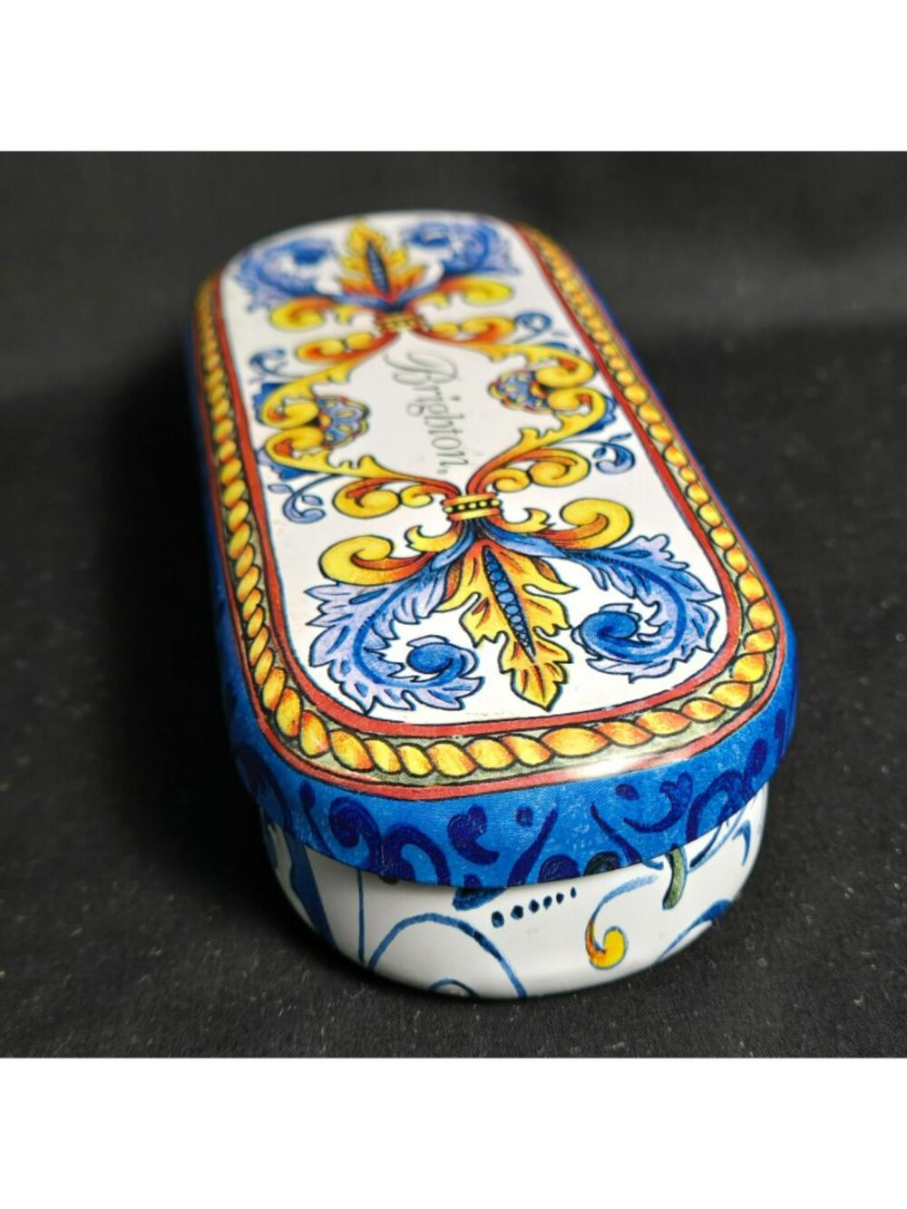 Brighton Sunglass Case Eyeglass Hinged Tin Box Scroll Floral Blue White 6" - Picture 4 of 10